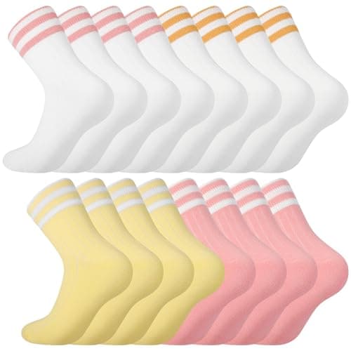 Jspupifip 8 Pairs Kids Girls Crew Athletic Socks Pink White Yellow 3-6