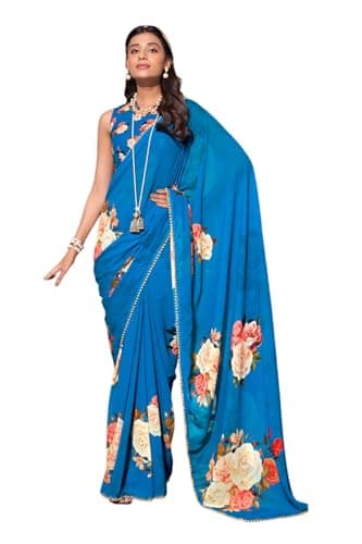 MOHIT CREATIONS Women's Partywear Faux Georgette Printed Saree with Unstitched Blouse (Light Blue)