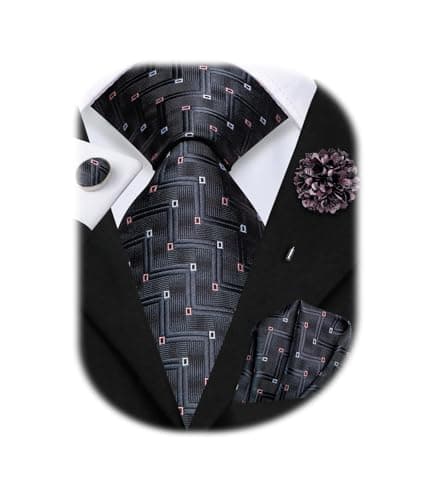 Hi-Tie Mens Pink Grey Striped Ties Set Lapel Pin Silk Stripes Necktie Set for Men Pocket Square Cufflinks Wedding Business