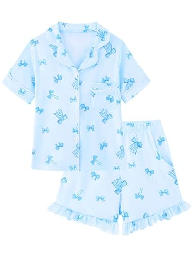 Mikrdoo Girls Pajamas Short Sleeve Two-Piece Button Down PJs Breathable & Durable for Nighttime, Sky Blue Bows, 10Years
