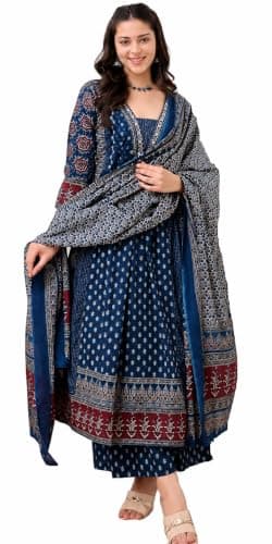 ZYNAIRA NOVA Women’s Pure Cotton Anarkali Kurti Pant Dupatta Set | Ethnic Printed Flared Festive Kurti | Traditional Indian Dress Blue_M