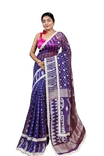 Women's Elegant Handwoven Jamdani Saree with Delicate Lace Border with Unstiched Blouse| Lightweight & Traditional Weave (Purple)