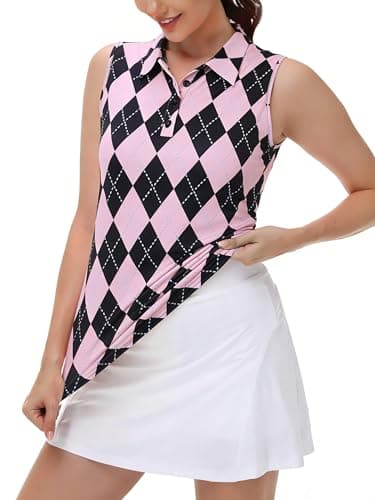 Moydan Womens Golf Polo Shirts Sleeveless Tennis Button Down Moisture Wicking Workout Tops Pink Plaid