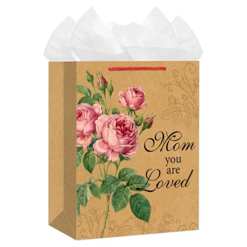 D4DREAM Mothers Day Gift Bag - 11.5'' Medium Reusable Vintage Floral Mom You Are Loved Mother's Day Paper Gift Bags with Tissue Paper for Mom Nana Grandma Wife Birthday Anniversary Supplies
