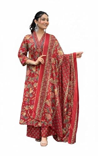 ISHKRATI Women's Rayon Blend Anarkali Printed Kurta with Palazzo & Dupatta