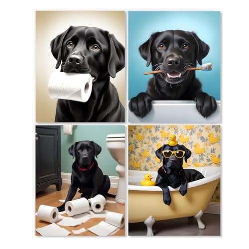 LUKIPOM Funny Black Labrador Retriever Bathroom Wall Art Prints 10x8 Set of 4, Black Lab Funny Dog Wall Wall Art Posters for Bathroom Washroom Restroom Decor, Unframed