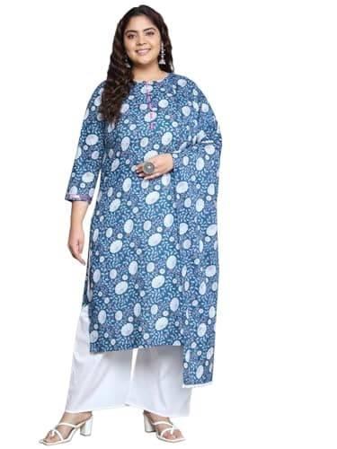 Tissu women's Plus Size Blue Floral Printed Pure Cotton Kurta Palazzo with Dupatta (696_Blue_6XL)