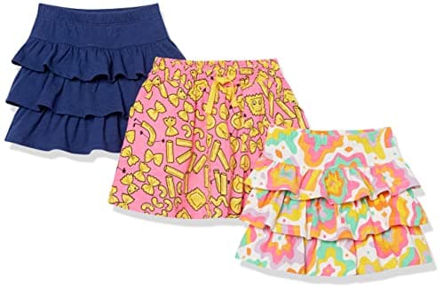 Amazon Essentials Girls' Knitted Ruffle Scooter Skirts with Elastic Waist and Built in Shorts, Pack of 3, Navy/Pink Candy/White Rainbow Print, X-Large