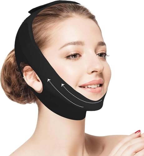 Jawline Shaper Chin Strap for Sleeping, Reusable V-Line Mask for Women Face Lifting Made w/Electric-Hot-Press Tech for Skin-Friendly & Breathable Cooling Fabric (Pure Black, One Size)