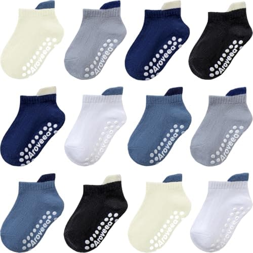 Aroveea Toddler Socks Non Slip Grip Cute Cotton Baby Socks 12 Pack for Toddler Boys Girls Kids