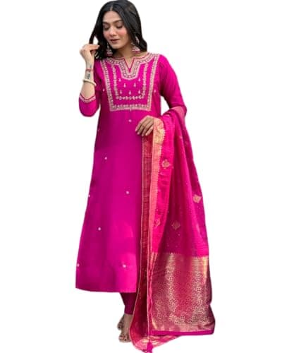 The Red Lion Enterprise Women's Partywear Anarkali Salwar Suit alia cut Embridery Kurti dress 3pc Set (US, Alpha, X-Large, Regular, Regular, Pink)