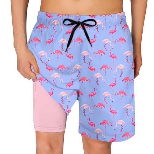 Cozople Teen Boys Swim Trunks with Boxer Brief Liner Bathing Suit Novelty Pink Flamingo Graphic Swimming Shorts Quick Dry Stretchy Compression Anti Chafe Swimsuit Size 14