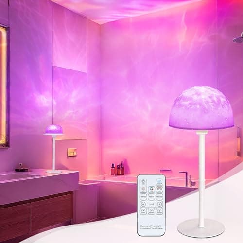 Kimjo Waterproof Shower Lamp, 2-in-1 Cordless Rechargeable Bathroom Shower Light with Adjustable Height, 10 Color Ocean Wave Prejector with Touch & Remote Control for Inside Shower Bathtub