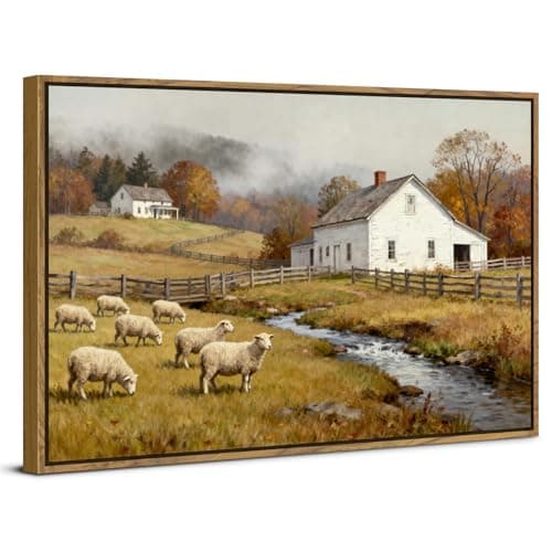 Vintage Framed Wall Art Country Sheep Picture for Living Room Rustic Farmhouse Countryside Landscape Canvas Poster Cottagecore Pasture Farm Animal Wall Decor Kitchen Bedroom Home Decorations 12x16