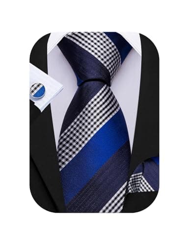 Barry.Wang Blue Black Stripe Men Ties Set Classic WOVEN Necktie with Handkerchief Cufflinks Formal