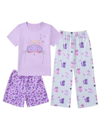 Mikrdoo Pajamas for Girls Breathable and Durable Fabric Short Sleeve Pants and Shorts Set for Relaxing and Sleeping, Lilac Dreamy Kitty, 8Years