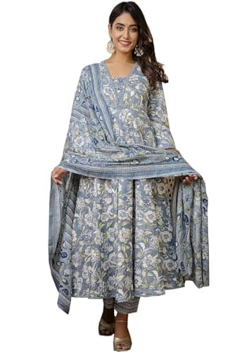 PARTHVI Women Anarkali Floral Printed Kurta and Pant Set with Dupatta | Ethnic Set | Dupatta Set | Suit Set | Kurta Set | Wedding Suit Set | (Par-1015-Grey-XL)