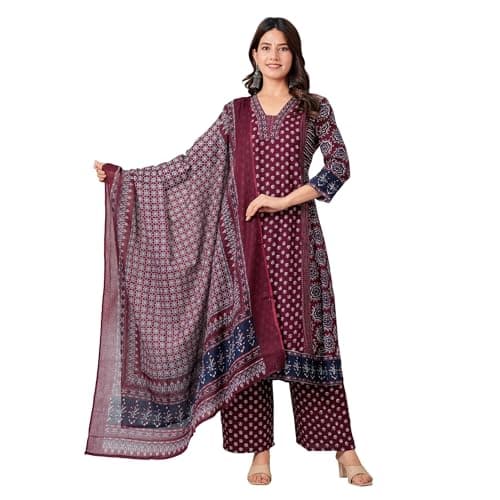 Anarkali Kurta Set for Women Rayon Printed Anarkali Kurti Pant Dupatta Set 3/4 Sleeve Maroon Festive Wear(2X-Large)