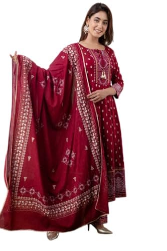 DC LUXXURA Jaipuri Rajasthani Rayon Anarkali Kurti with Palazzo Pant Dupatta Set for Women | 3-Piece Ethnic Indian Suit Set (Maroon, Large)