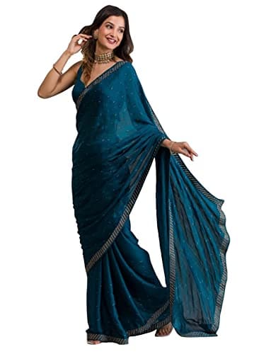 TRENDMALLS Women's Moss Chiffon Siroski work Saree with Belt Unstitch Blouse Piece (K961-Morpeach)