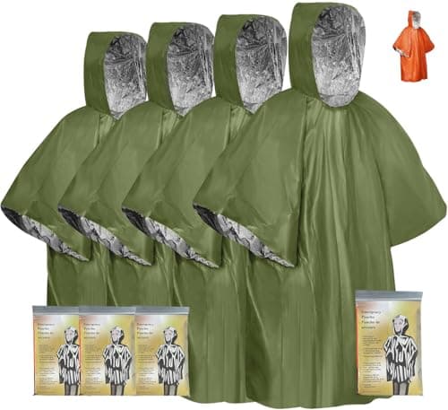 AGKG123 Emergency Survival Poncho (4pc) Thermal Mylar Foil Coating Blanket for Heat Retention and Rain | Reversible with Hood | Waterproof, Windproof, Portable | Green | 100x130cm