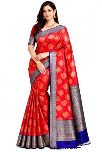 Shyam Leela Women’s Kanjivaram Silk Saree with Traditional Zari Weaving | Elegant Ethnic Wear for Wedding & Festive Occasion (Red and Royal blue)