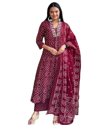 Cotton Anarkali Indian Kurti For Women Summer Dress Kurta Pant With Dupatta Set (Wine, Small)