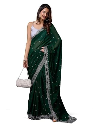 TRENDMALLS Women's Vichitra Silk Embroidery work Saree with Unstitch Blouse Piece (K1090-DarkGreen)
