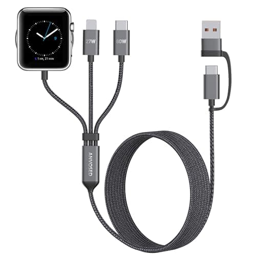 ANVOSED 60W Fast Charging Cable for Apple Watch Charger, 6-in-1 Portable Multi Charging Cable for Apple Watch Series 1–11/SE/Ultra (Black, 120)