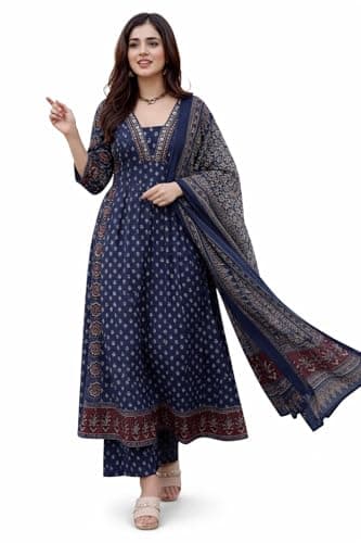 Women’s Viscose Rayon Dress with Dupatta | Soft Ethnic Style Kurta Dress for Casual & Festive Wear (US, Alpha, Medium, Regular, Regular, Blue)