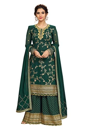 TRENDMALLS Women's Georgette Embroidery Kurta Sharara Suit Set Stitched (USTM.G75-DarkGreen-L)