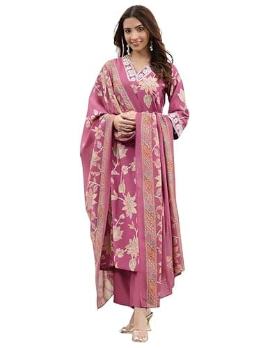 Iraaya Women Printed Silk Blend Straight Pink Kurta With Trouser and Dupatta - Indian Ethnic Traditional Wear Kurta Set (US, Alpha, X-Small, Regular, Regular)