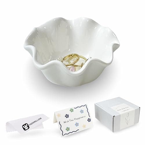 White Flower Jewelry Dish Tray, 3.85″ Lotus Ceramic Ring Holder, Cute Vanity Organizer Nightstand Bathroom Decor, Trinket Plate Dish Christmas Valentine's Mother's Day Birthday Gifts for Women (Plain)
