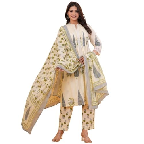 TAGAAI Women's Cotton Printed Kurta Set with Dupatta | Handblock Floral Print A-Line Suit for Women (Off-white, X-Large)