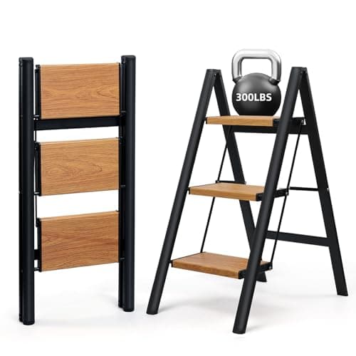 SOLADDER 3 Step Ladder, Anti-Slip and Lightweight Foldable Step Stool for Adults & Kids to Use in Kitchen, Closet and Library, 300lbs(Black&Woodgrain)