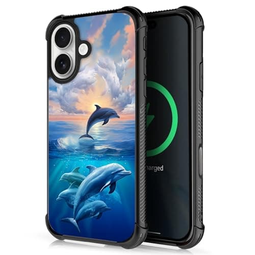 FKBRCL4U for iPhone 17 Case,for MagSafe Graphic Design for Girl Boy Soft Silicone Hard Acrylic Shock Protection Designed for iPhone 17 Sunset Dolphin Ocean Pattern