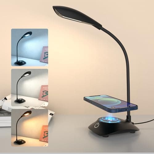 Zensun Desk Lamp for Home Office Compatible with MagSafe Wireless Fast Charging, Dimmable 3 Color Modes, 600LM, CRI 85, Adjustable Neck Study Lamps for College Dorm Room, Adapter Not Included, Black