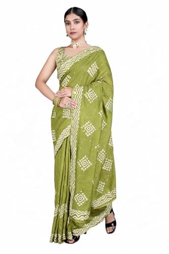 Ambararambh Women's Bandhani Printed Cotton Saree With Blouse Unstitched Blouse Piece (Green)