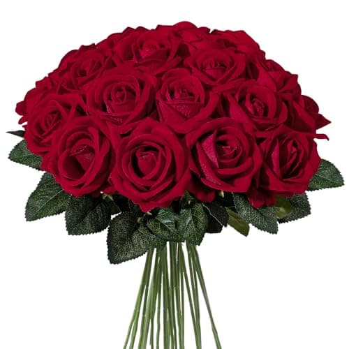ucky 24PCS Red Fake Roses Artificial Flowers 20" Silk Roses with Stems Real Look Valentine Flowers Party Wedding Decor