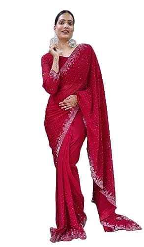 STELLACOUTURE Indian Georgette saree with diamond work for Women Sari with UNSTITCHED blouse ST-014 (Red)