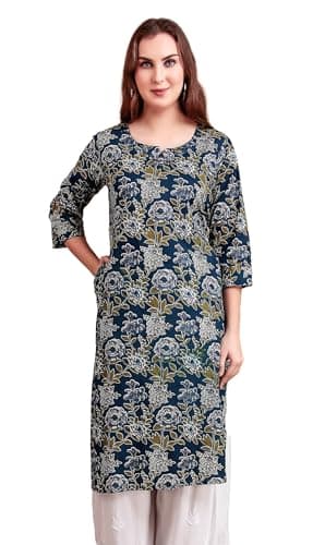 ladyline Womens Casual 100% Cotton Tunic Top Ethnic Jaipuri Printed Embroidered Kurti Kurta Knee Length (CPEK JPA780) (48/ Navy-Blue)