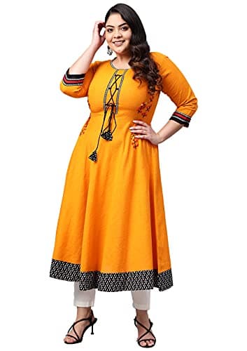 Yash Gallery Women's Cotton Slub Embroidered 3/4 Sleeve Round Neck Anarkali Kurtis (US, Alpha, 4X-Large, Regular, Regular, Mustard.)