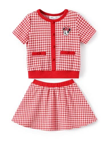 Disney Minnie Mouse Toddler Girl 2 Piece Outfit Red Short Sleeve Character Print Button Knit Elegant Top & Tweed Skirt Set Birthday Party Dress Costume Summer Cute Cartoon Holiday Clothes Gift 2T