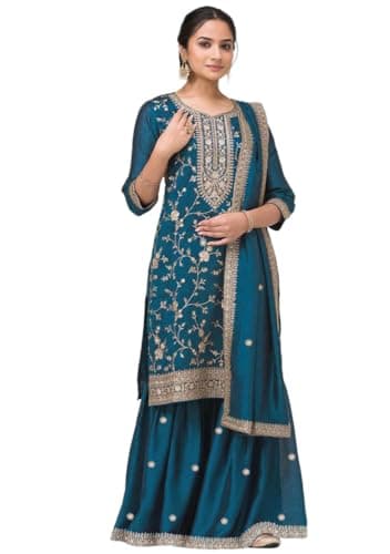 Indya Teal Blue Embroidered Silk Blended Sharara Set for Festive | 3/4 Sleeve | Crew Neck | Indian Ethnic Wear
