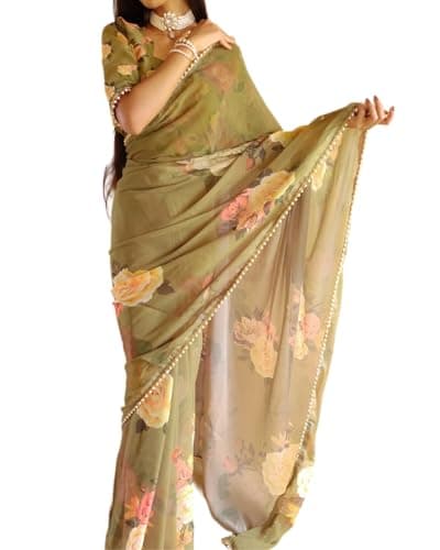 BE4ME.COM Alia Bhatt Wear Chiffon Sari - Celebrity Inspired Bollywood Party Sari (Olive Floral)