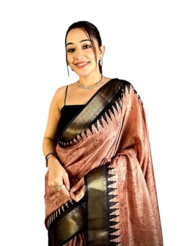Women's Majestic_Kalamkari_Dola Silk Saree Unstitched Blouse Piece Partywear/Wedding Indian Gift Item Pack Of 1 (Peach)