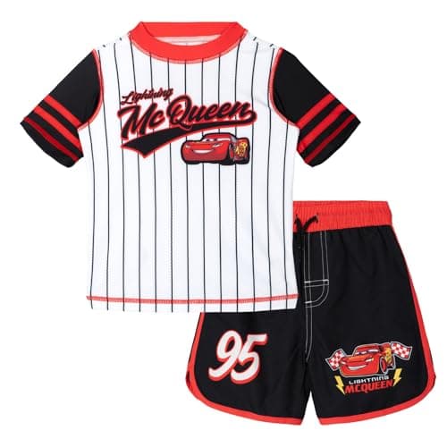 Disney Cars Lightning McQueen Little Boys Raglan Rash Guard and Swim Trunks UPF 50+ Outfit Set White/Red/Black