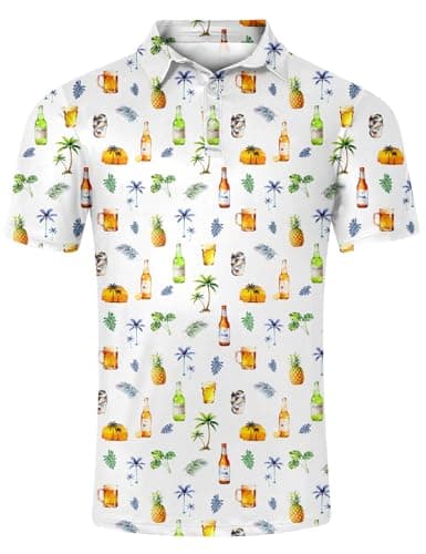 Fanient Men's Hawaiian Polo Golf Shirt Beer Mug Pineapple Palm Tree Tropical Leaves Polo Shirts Dry Fit Moisture Wicking Performance Short Sleeve L