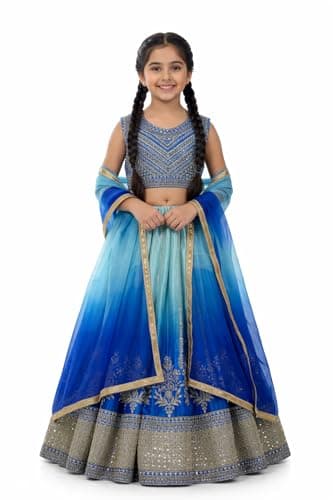 disson Girls Embroidered Lehenga Choli with Dupatta, Sleeveless Anarkali Gown, Pink Blue Orange, Indian Ethnic Wear (US, Age, 11 Years, 12 Years, Blue)