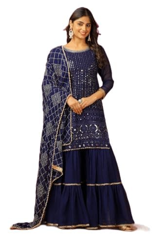 FASHION FRONTIER Beautiful Chinnon Punjabi Style Sharara Suit For Women Ready To Wear Salwar Kameez With Dupatta (US, Alpha, Small, Regular, Regular, Navy Blue)